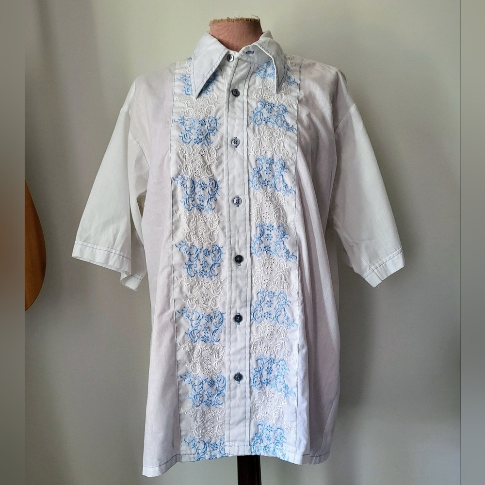 Men's White Button-Down Shirt with Light Blue Embroidered Front